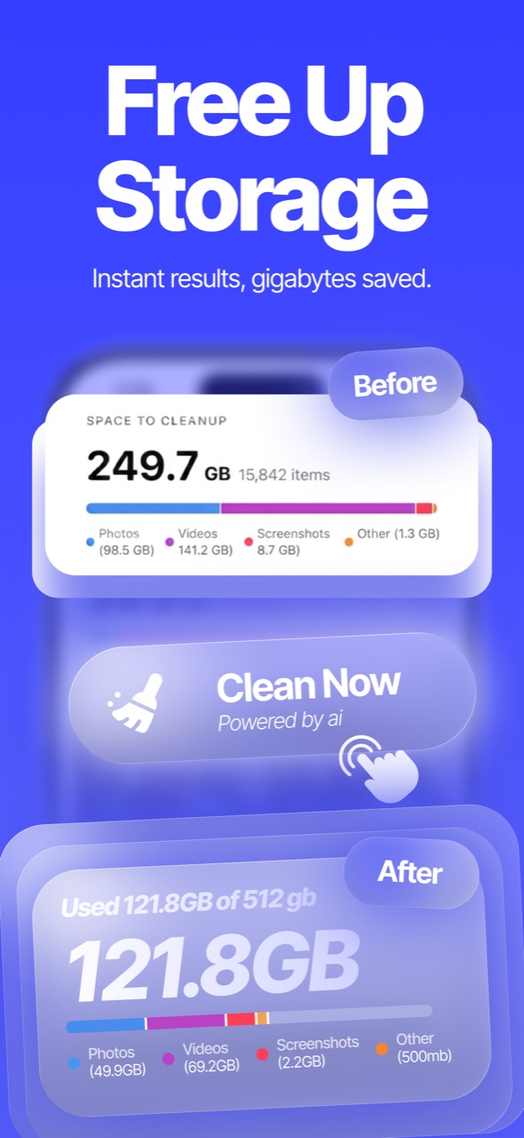 Ultra Cleaner app showing 121.8 GB of iPhone storage freed after cleaning